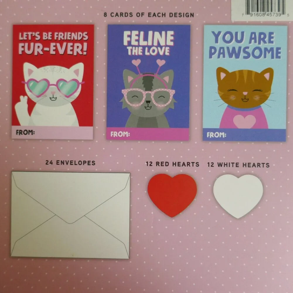 NWT cool cats valentine cards set 24 folded cards envelopes erasers